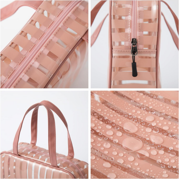 Clear Toiletry Bag Handle Travel Makeup Organizer Bag，Thick PVC Zippered Carry Pouch Waterproof Wash Bag Shoulder Bag Beach Bag (Pink) - Image 4