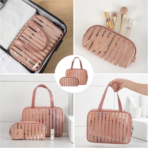 Clear Toiletry Bag Handle Travel Makeup Organizer Bag，Thick PVC Zippered Carry Pouch Waterproof Wash Bag Shoulder Bag Beach Bag (Pink) - Image 6