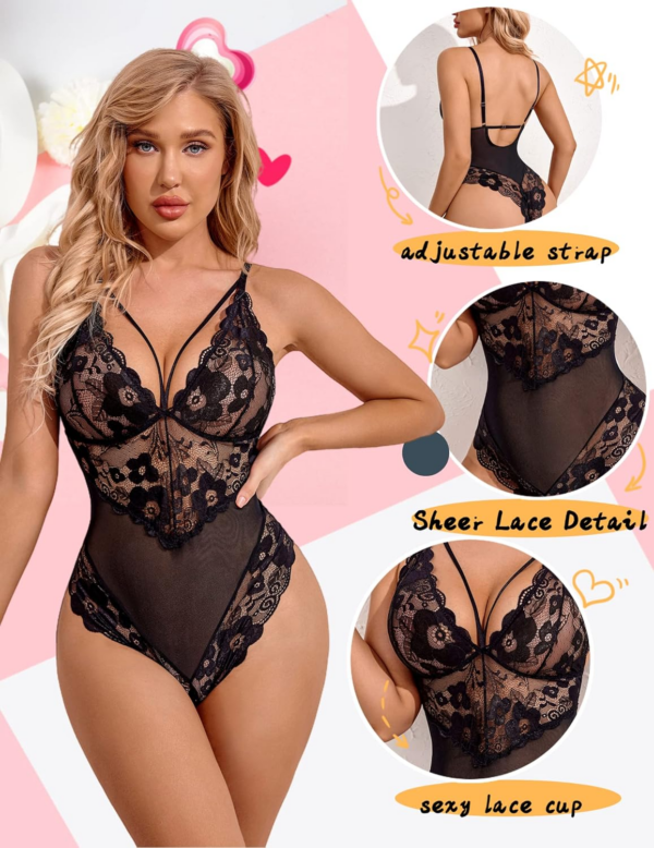 Womens Snap Crotch Lingerie Lace Teddy One Piece Babydoll Sexy Mini Bodysuit - Image 5