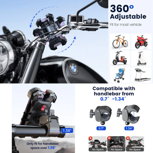 Motorcycle Phone Mount Bike Phone Holder, Auto Lock Adjustable Handlebar Phone Holder Mount for 4.7"-7" Cell Phones - Image 5