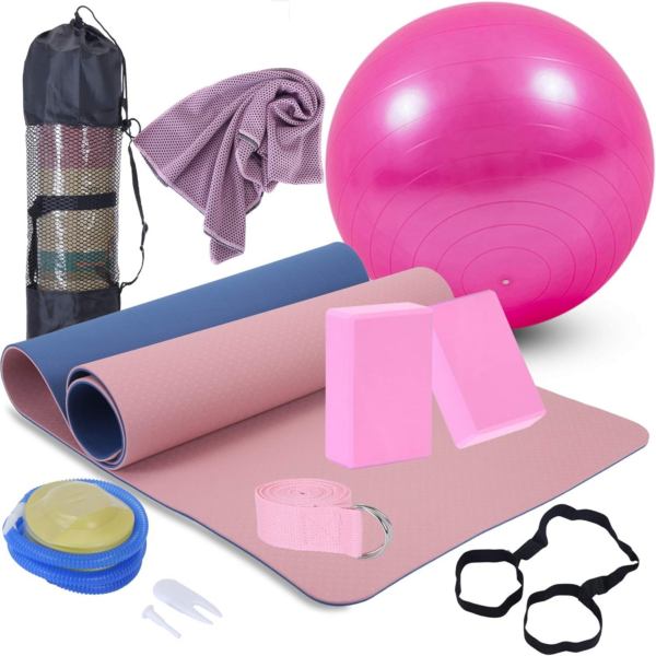 Yoga Beginners Kit Yoga Blocks 2 Pack Yoga Strap Yoga Ball Yoga Mat with Carrying Strap Net Bag Sports Cooling Towel,Yoga Mat Kits and Sets for Beginners 11-Piece Yoga Starter Kit for Women