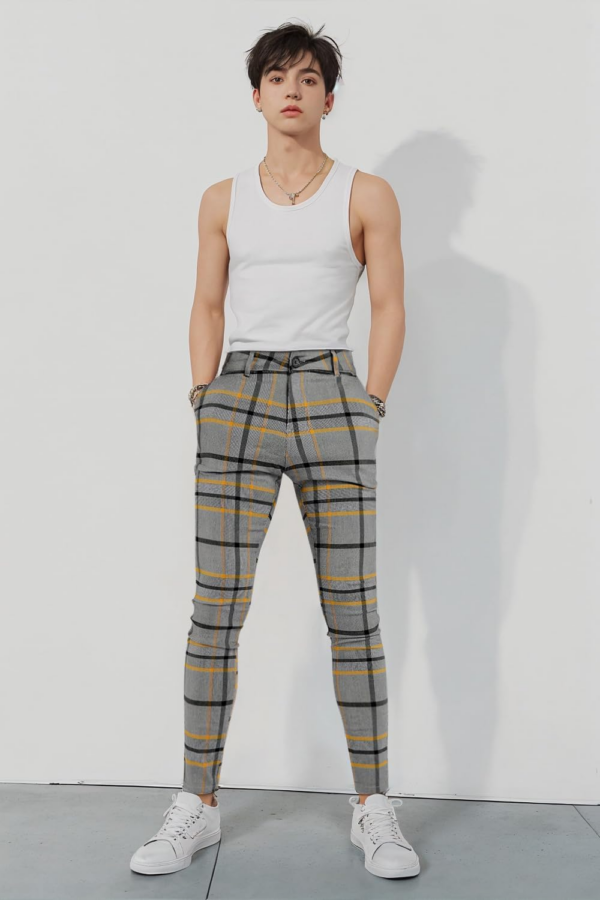 Mens Plaid Dress Pants Stretch Chino Pants Men Slim Fit - Image 4