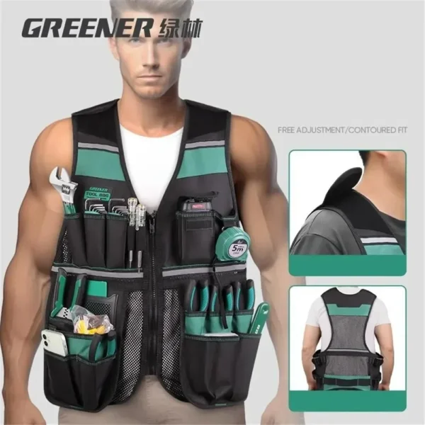 Greener Tool Vest Tool Pouch Breathable Adjustable Multi-pocket Reflective Strips Tool Organizer for Electrician Carpenters.