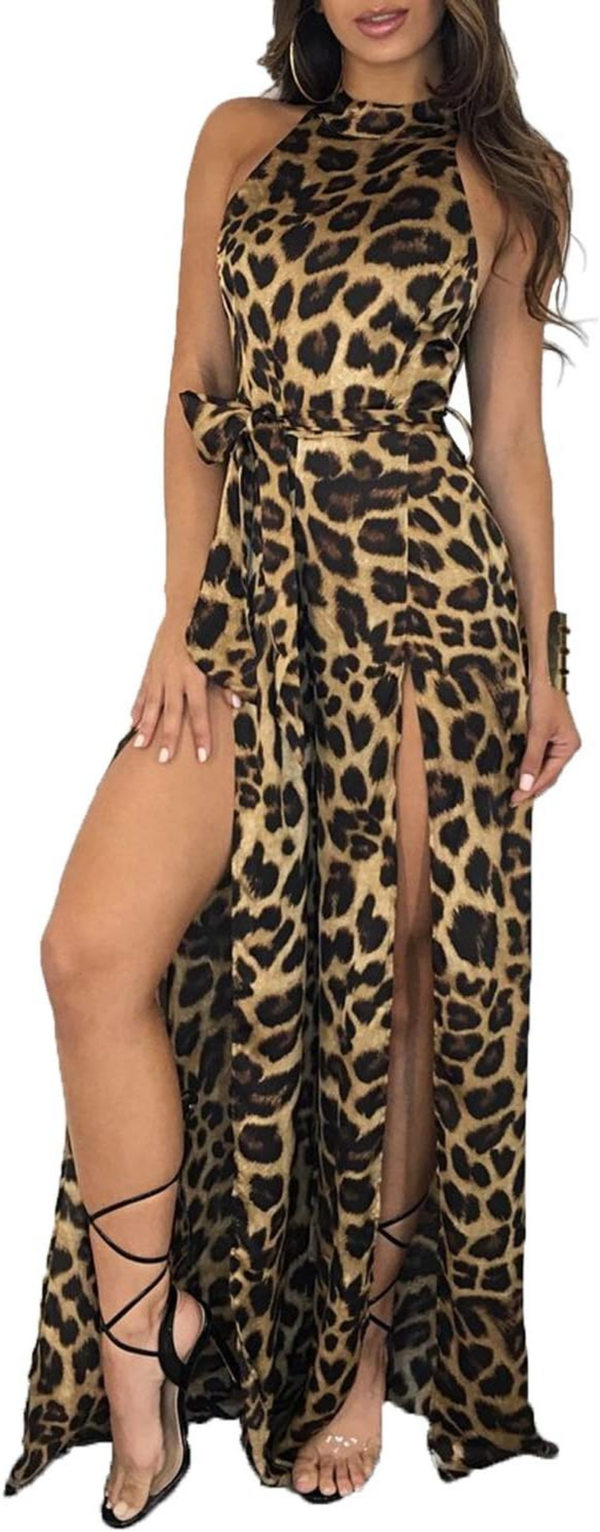 Women Sexy Mock Neck Sleeveless Leopard Print