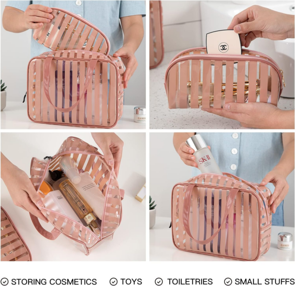 Clear Toiletry Bag Handle Travel Makeup Organizer Bag，Thick PVC Zippered Carry Pouch Waterproof Wash Bag Shoulder Bag Beach Bag (Pink) - Image 3